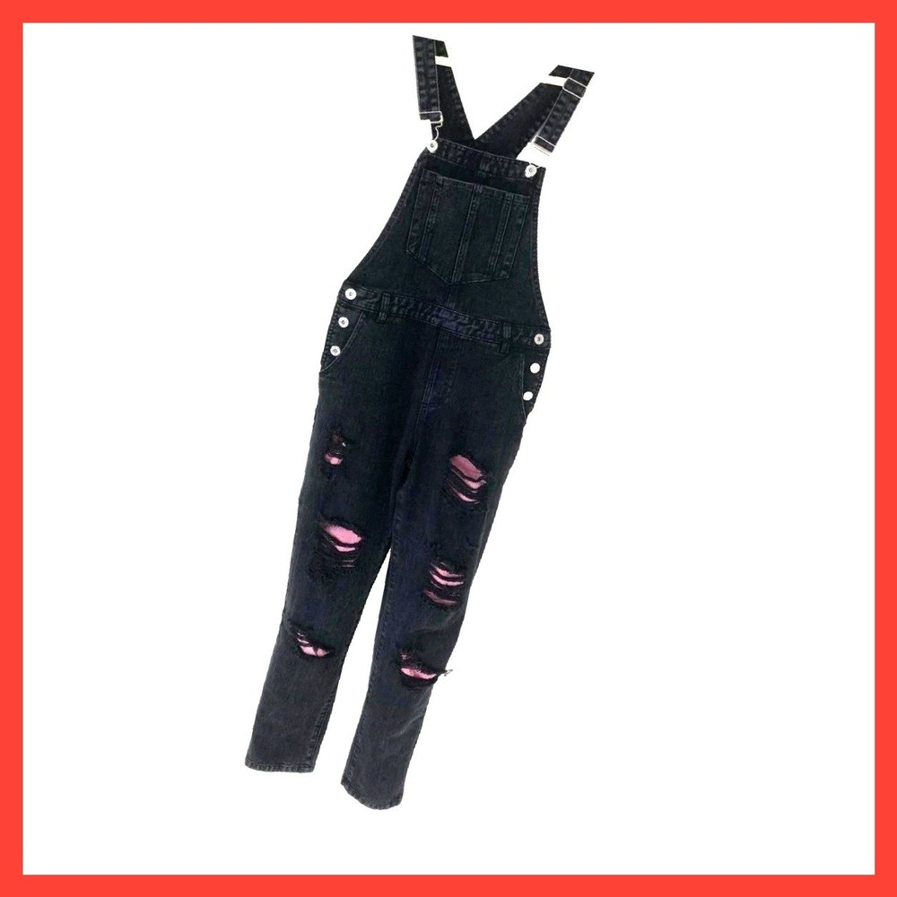 Honey Punch Black Bib Overalls Jumpsuit Distress Goth Grunge Utility Womens S